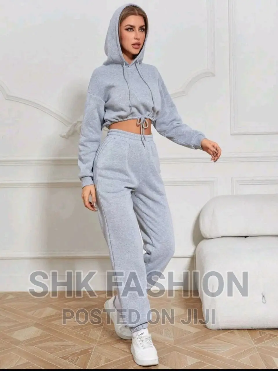 Drop Shoulder Drawstring Crop Hoodie Sweatpants
