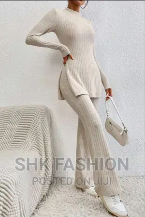 Photo - Mock Neck Split Hem Tee Flare Leg Pants