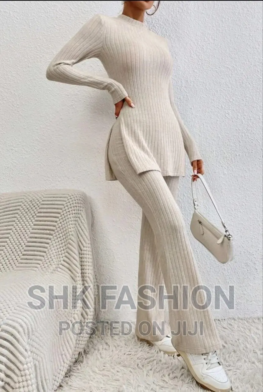 Mock Neck Split Hem Tee Flare Leg Pants