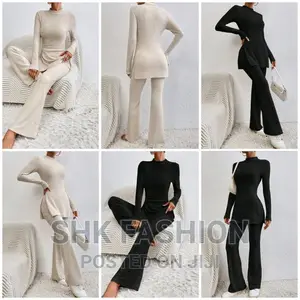 Mock Neck Split Hem Tee Flare Leg Pants