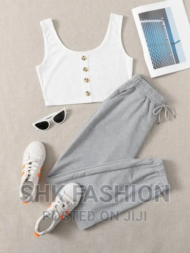 Button Front Crop Tank Top With Drawstring Sweatpants