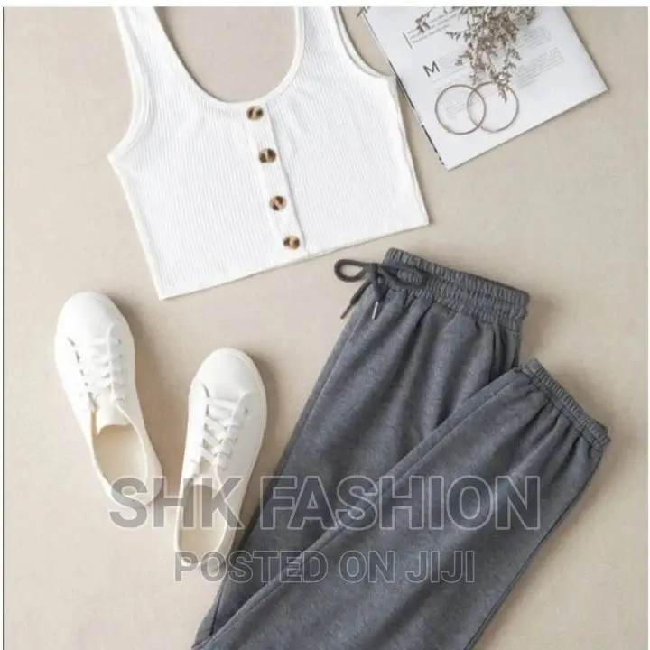 Button Front Crop Tank Top With Drawstring Sweatpants