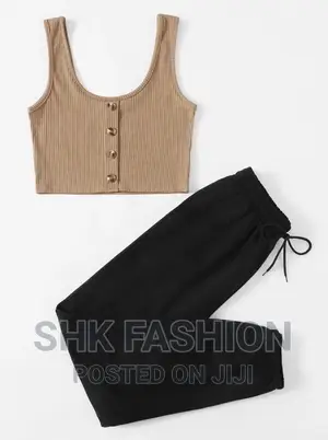 Button Front Crop Tank Top With Drawstring Sweatpants