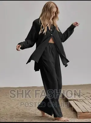 Photo - Slit Hem Longline Blouse Wide Leg Pants Set