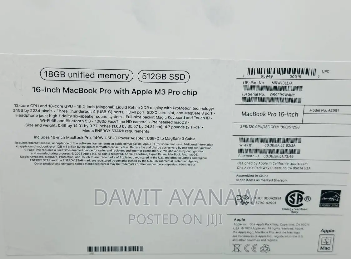 New Apple MacBook Pro 2023 M3 Max 16-Inch 16GB Apple M3 Pro SSD 512GB