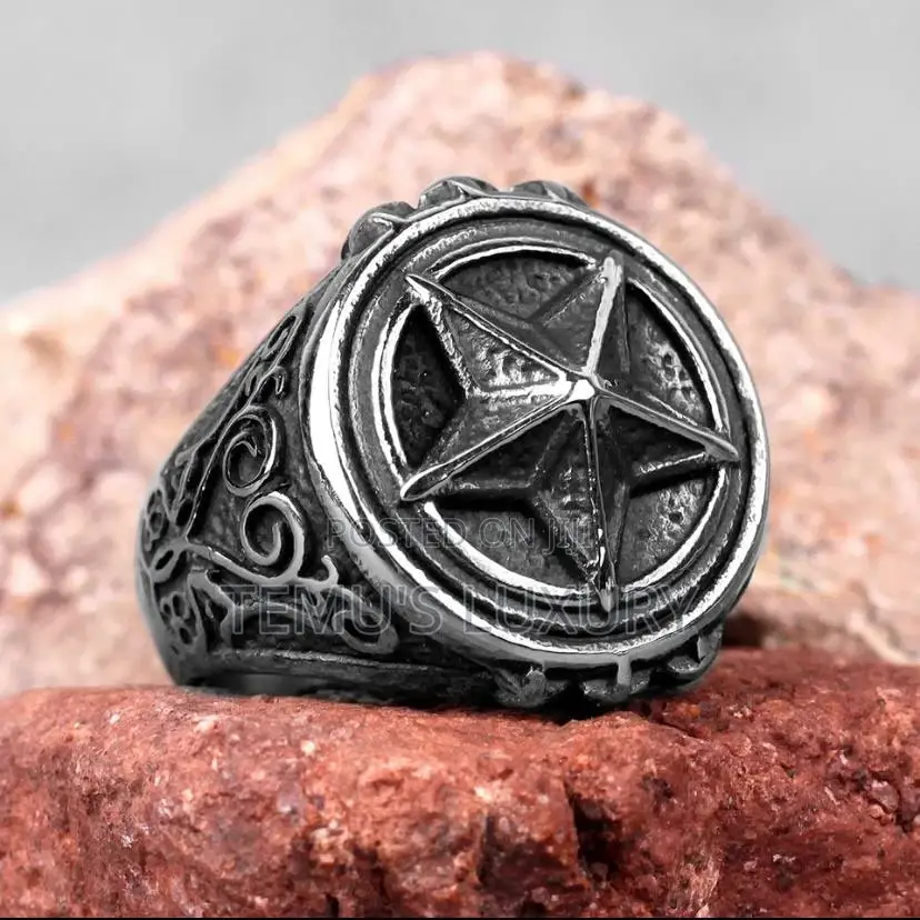 Stainless Steel Men Rings Pentagram Star Carved Punk