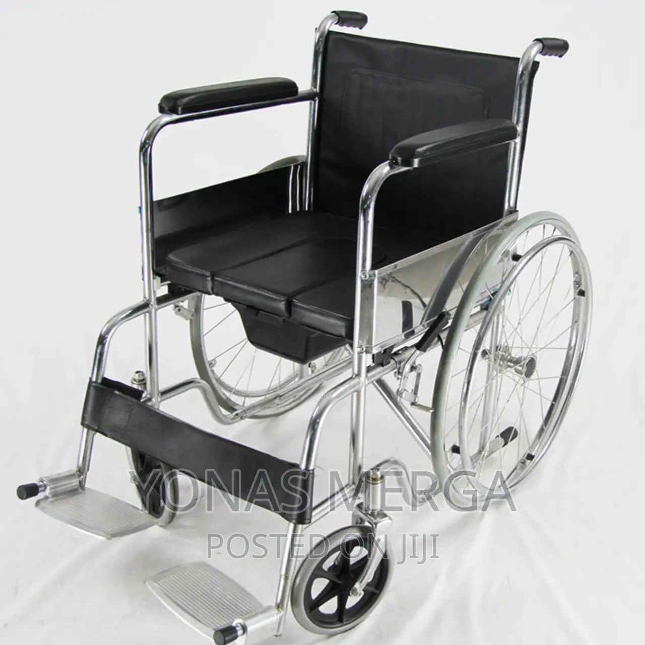Stainless Steel Black Powder Coated Commode Wheelchair,