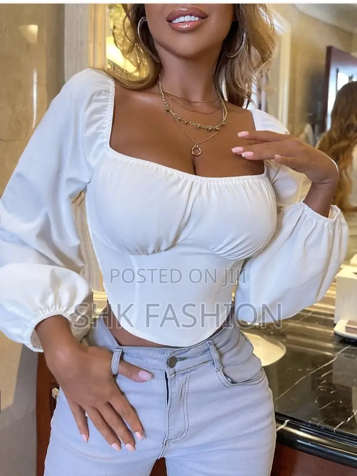 Lantern Sleeve Shirred Back Bustier Crop Top