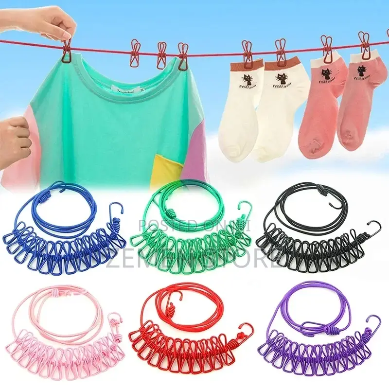 Elastic Laundry Rope 180 Cm ርዝመት እስከ 360cm የሚለጠጥ ከ 12 ማንጠልጠያ