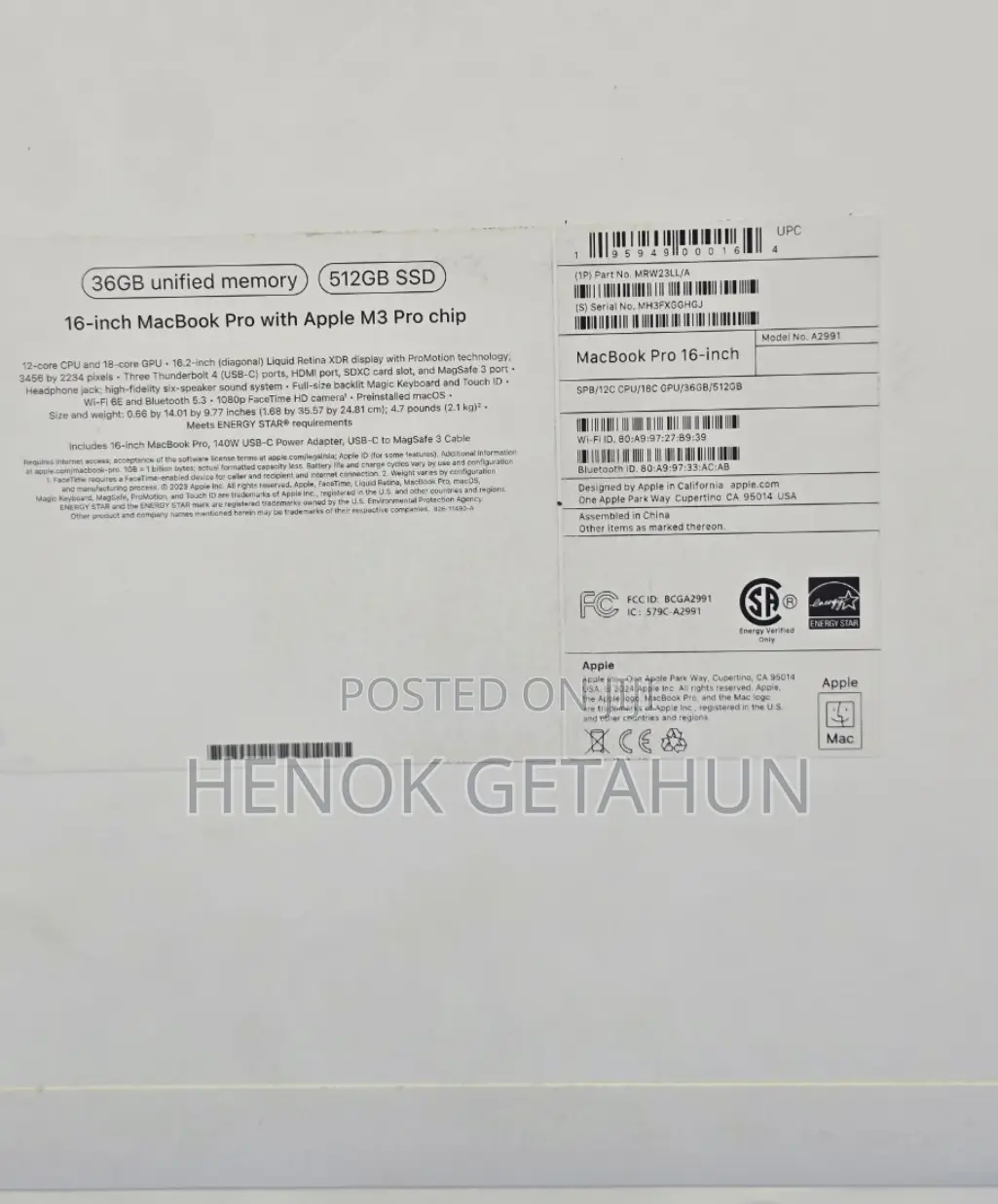 New Laptop Apple MacBook Pro 32GB Apple M3 SSD 512GB