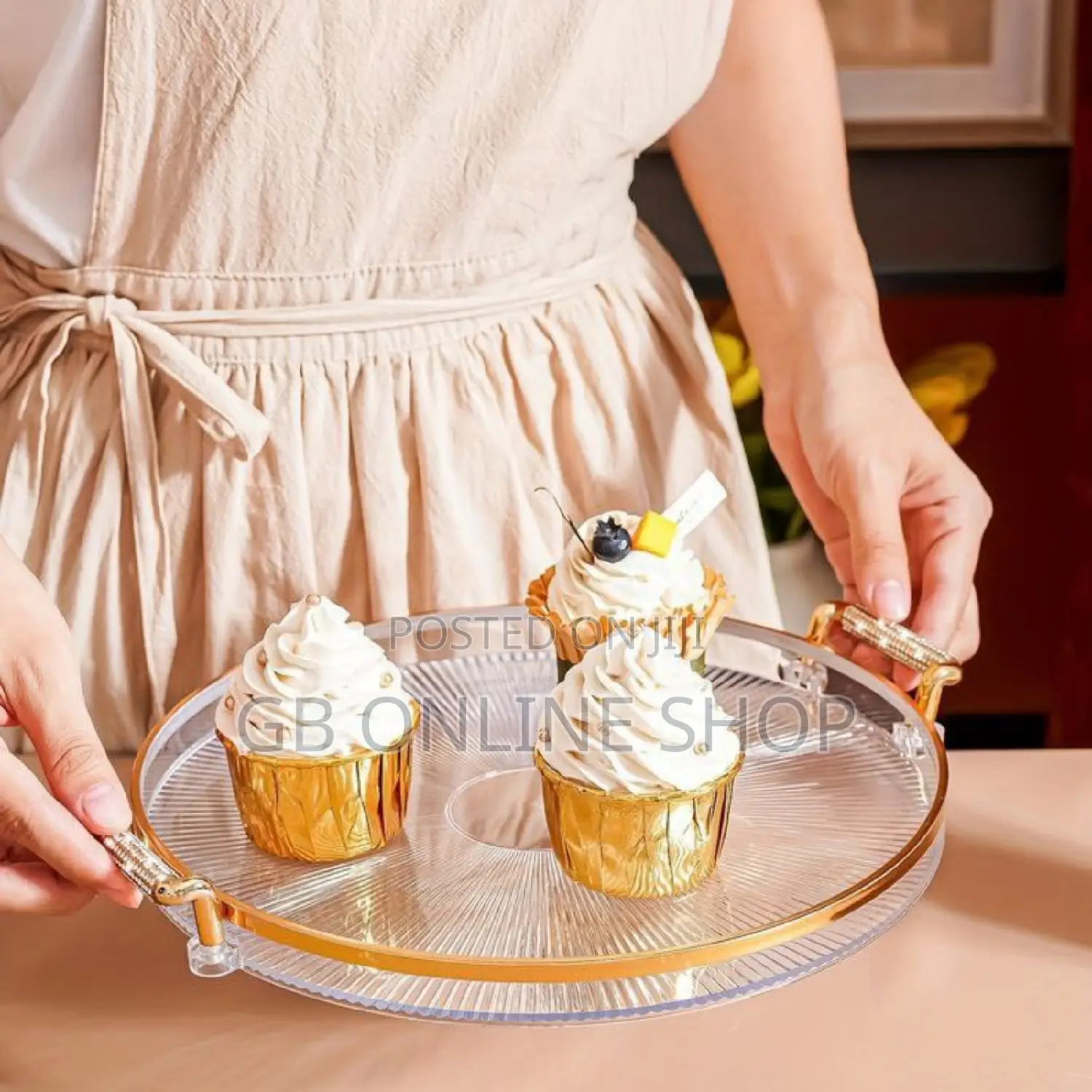 Single Set Serving Crylic Tray With Golden and Silver Handle
