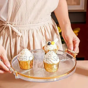 Single Set Serving Crylic Tray With Golden and Silver Handle