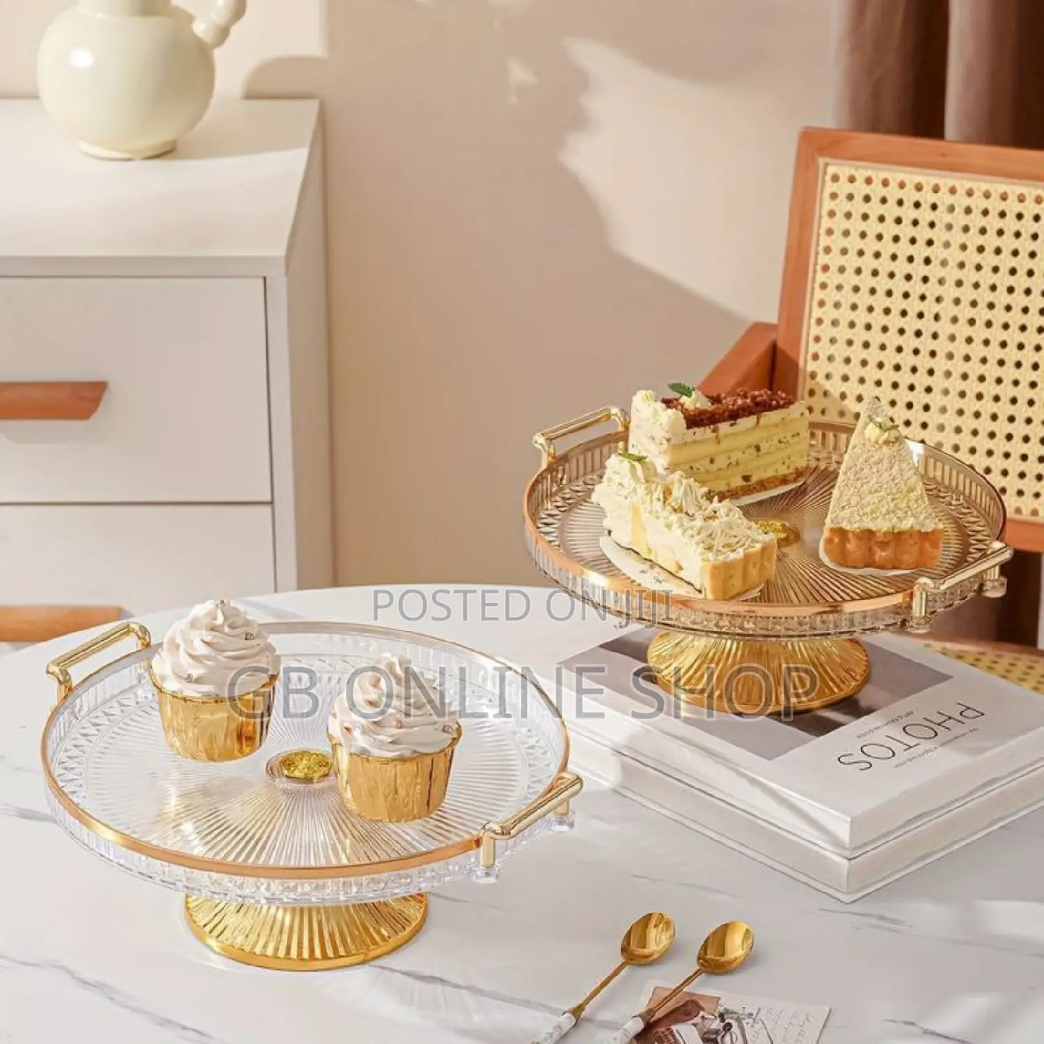 Single Set Serving Crylic Tray With Golden and Silver Handle