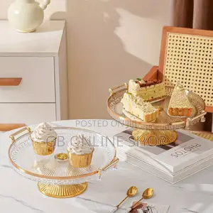 Single Set Serving Crylic Tray With Golden and Silver Handle