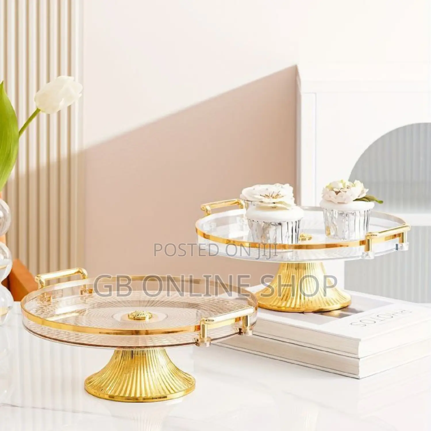 Single Set Serving Crylic Tray With Golden and Silver Handle