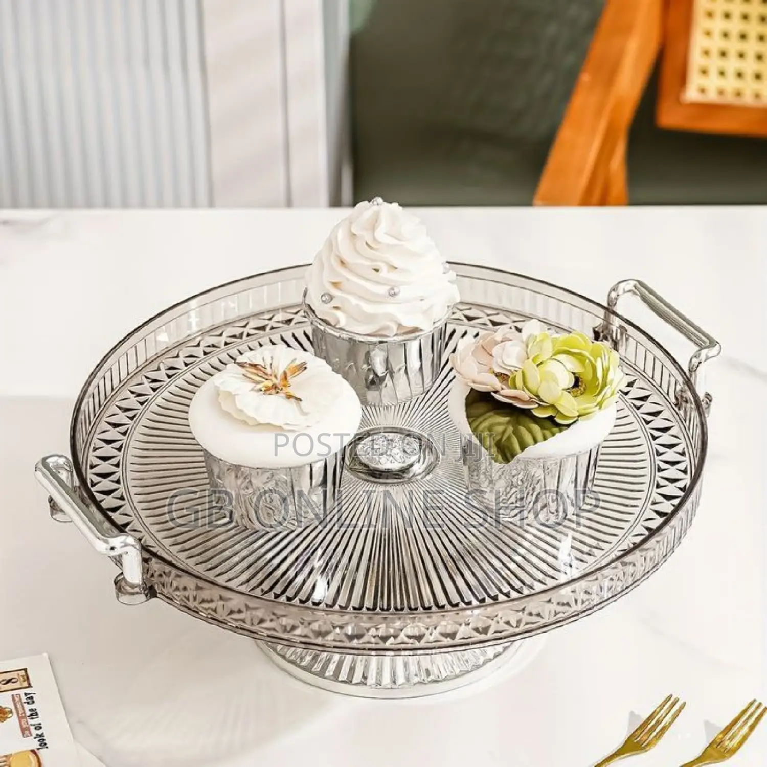 Single Set Serving Crylic Tray With Golden and Silver Handle