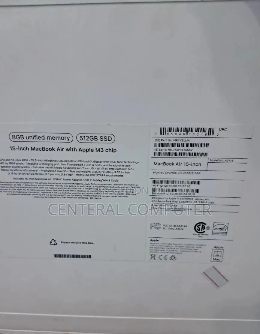 New Laptop Apple MacBook Air 2024 M3 13-Inch 8GB Apple M3 SSD 512GB