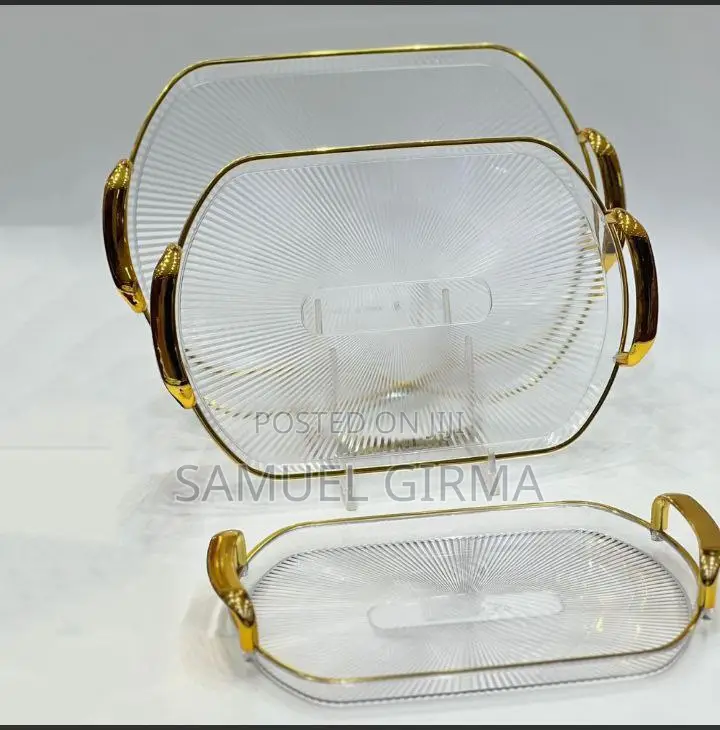 ~ 3 Sets Serving Acrylic Tray With Golden Handle
