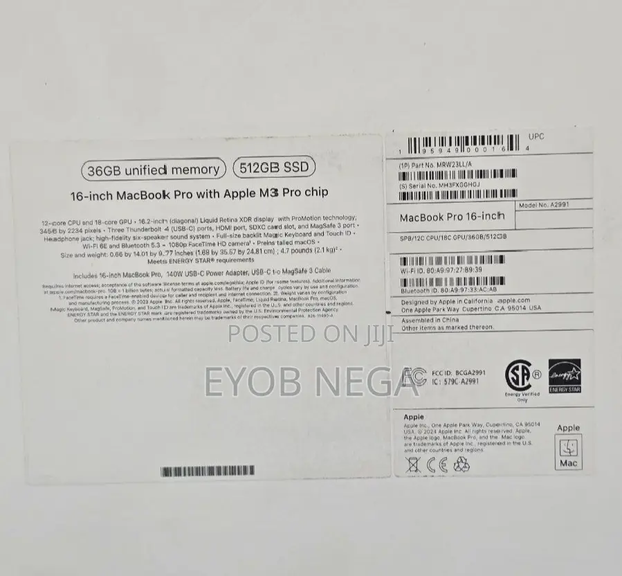 New Apple MacBook Pro 2023 M3 Pro 16-Inch 32GB Apple M3 Pro SSD 512GB