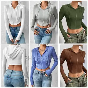 Ribbed Knit Zip Up Drawstring Hooded Crop Jacket