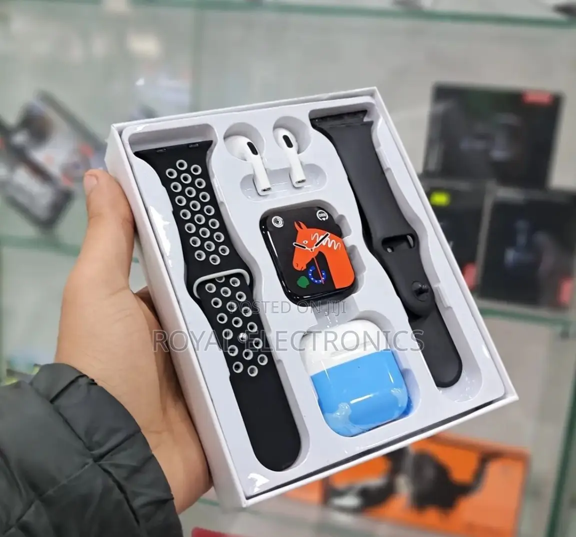 1 ስማርት ሰአት + 1 Airpods + 2 ተቀያሪ የሲልከን ማሰሪያ በአንድ ፓኬጅ ውስጥ