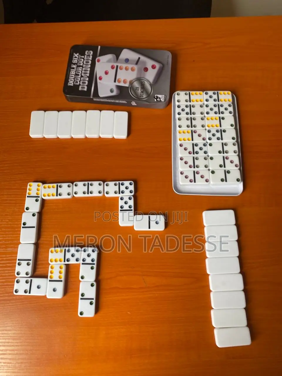 Dominoes ዶሚኖስ Set of 28, Double Six, Color Dot ,Metal Box