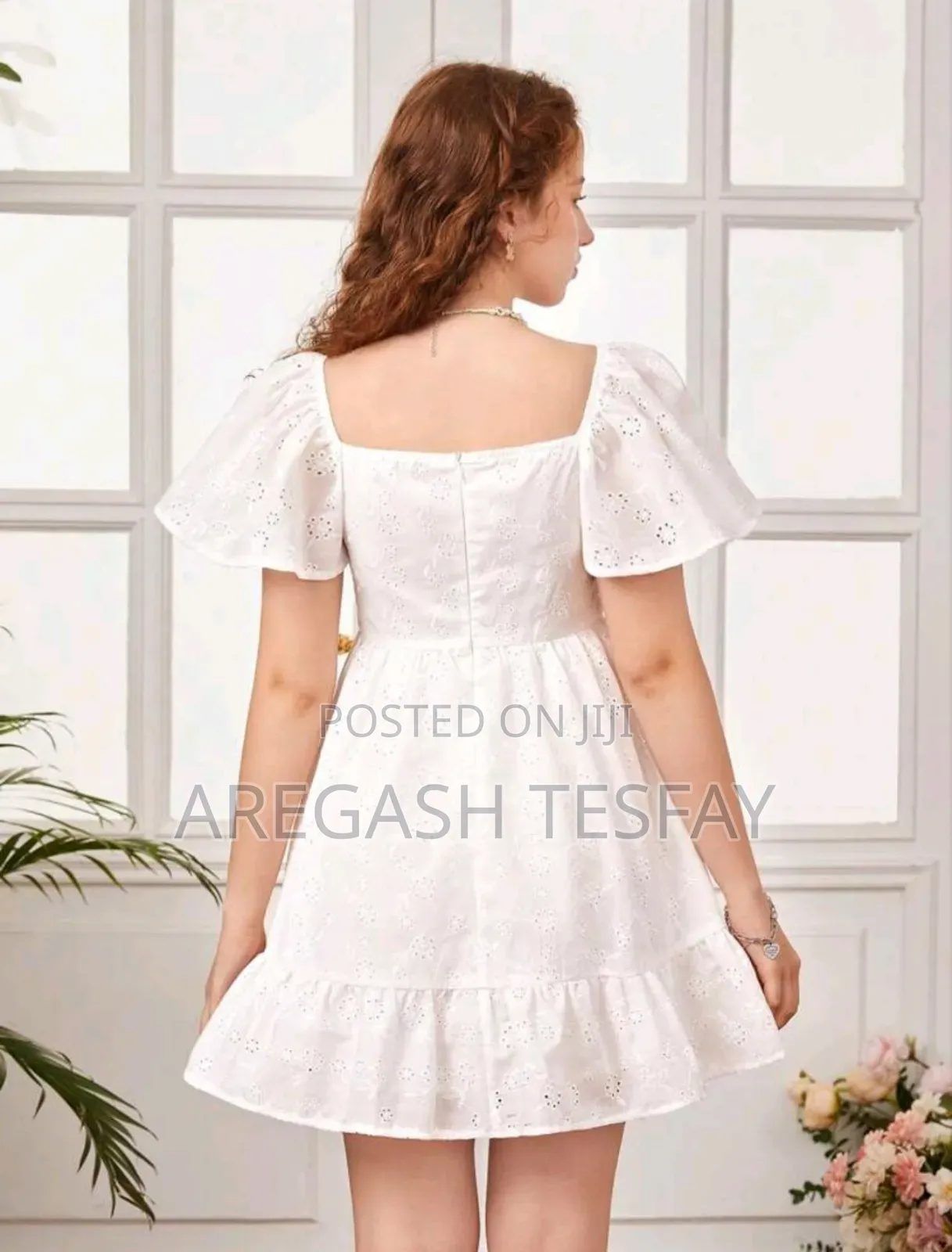 Teen Girls Square Neck Butterfly Sleeve Ruffleschiff Dress