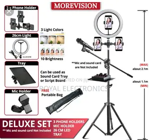 Photo - Ringlight + Mic Stand + 3 Phone Holders + Sound Card Stand