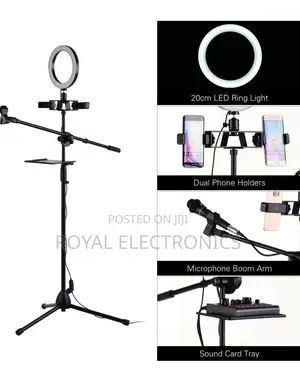 Ringlight + Mic Stand + 3 Phone Holders + Sound Card Stand