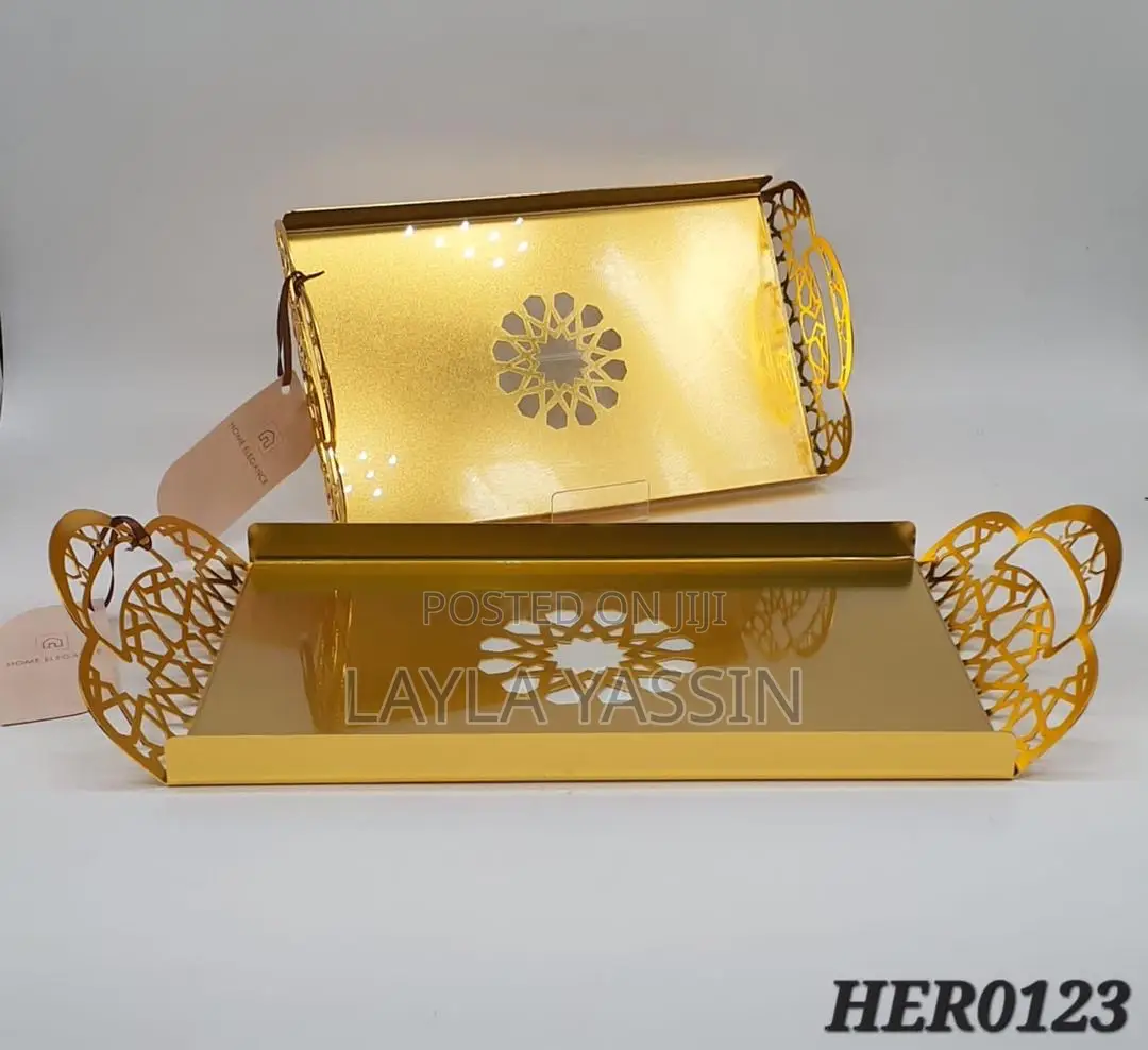 Golden Stainless Metalic Rectangular Tray (Pack Of 2)