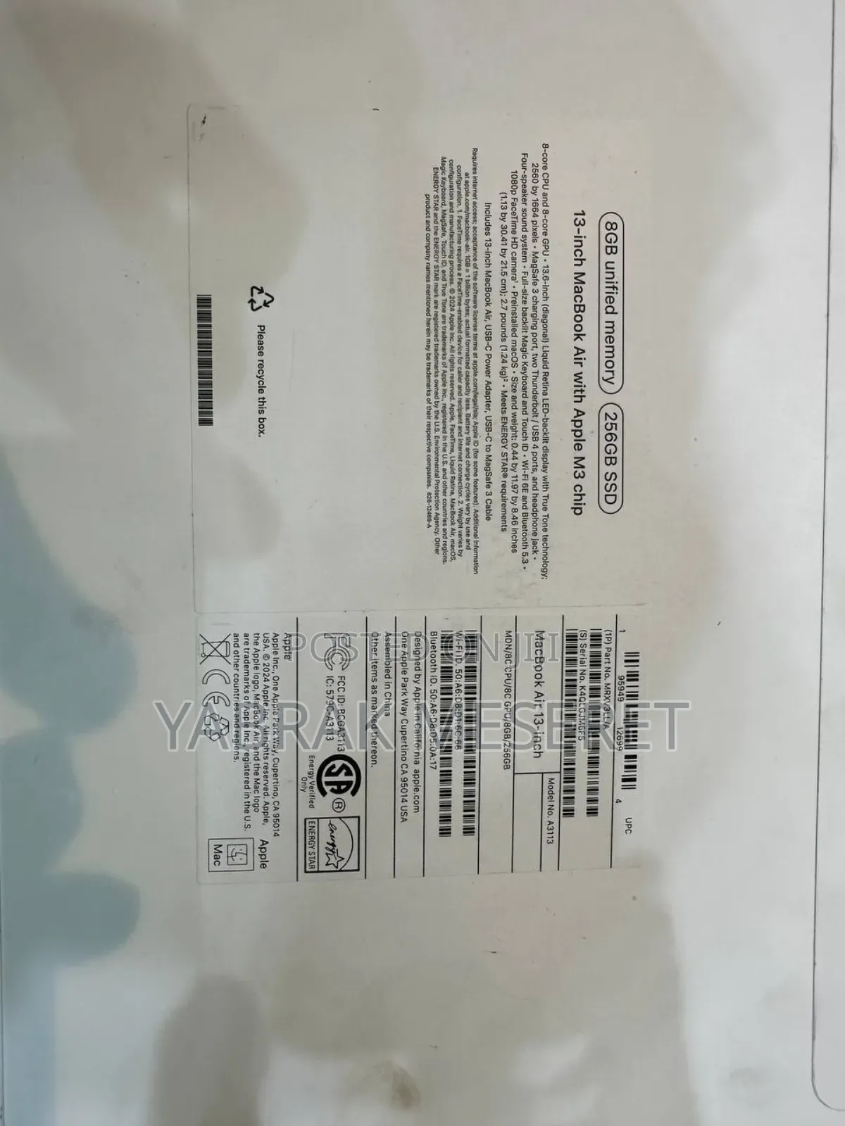 New Laptop Apple MacBook Air 2024 M3 13-Inch 16GB Apple M3 SSD 256GB