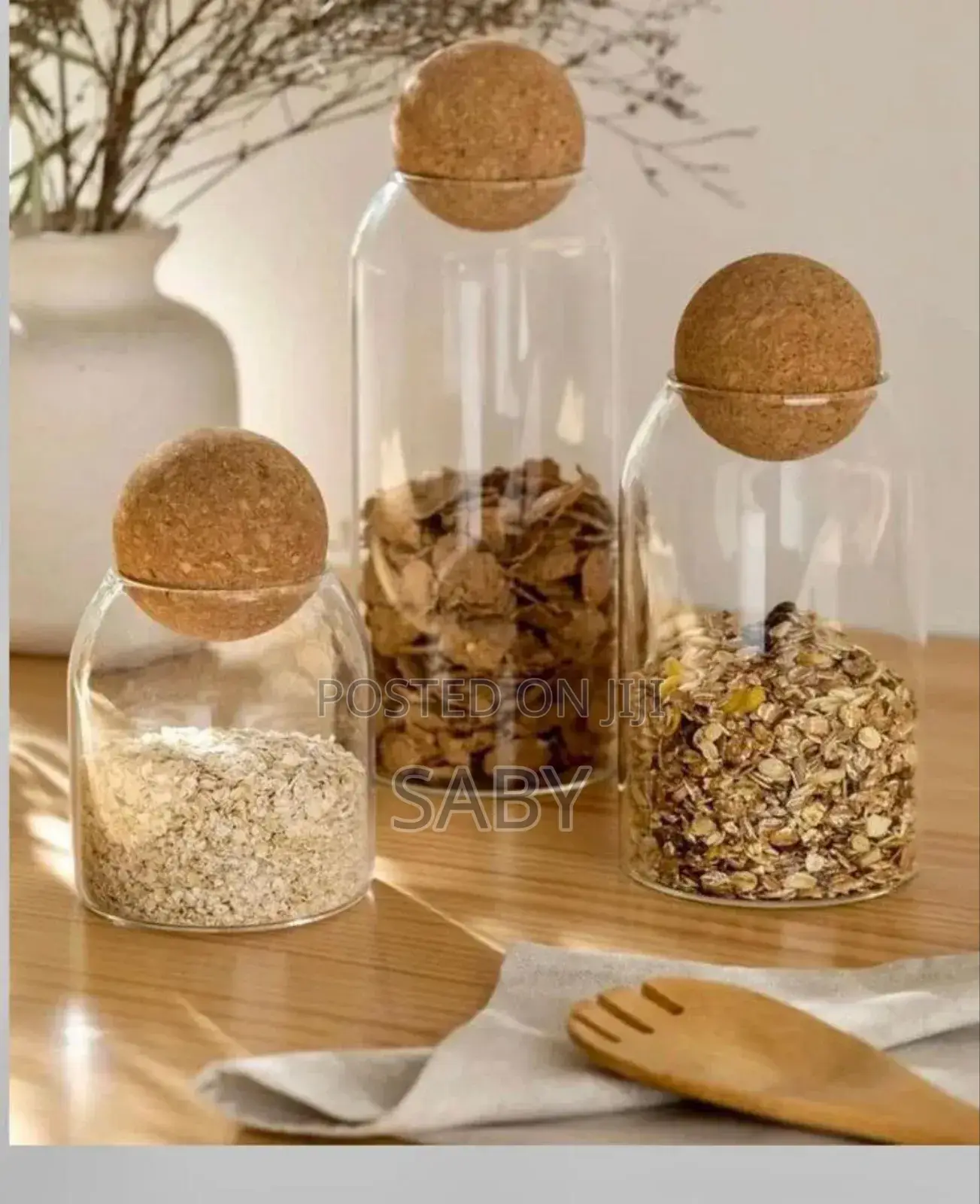 3pcs Glass Food Storage Jars With Ball Shaped Wood Lid