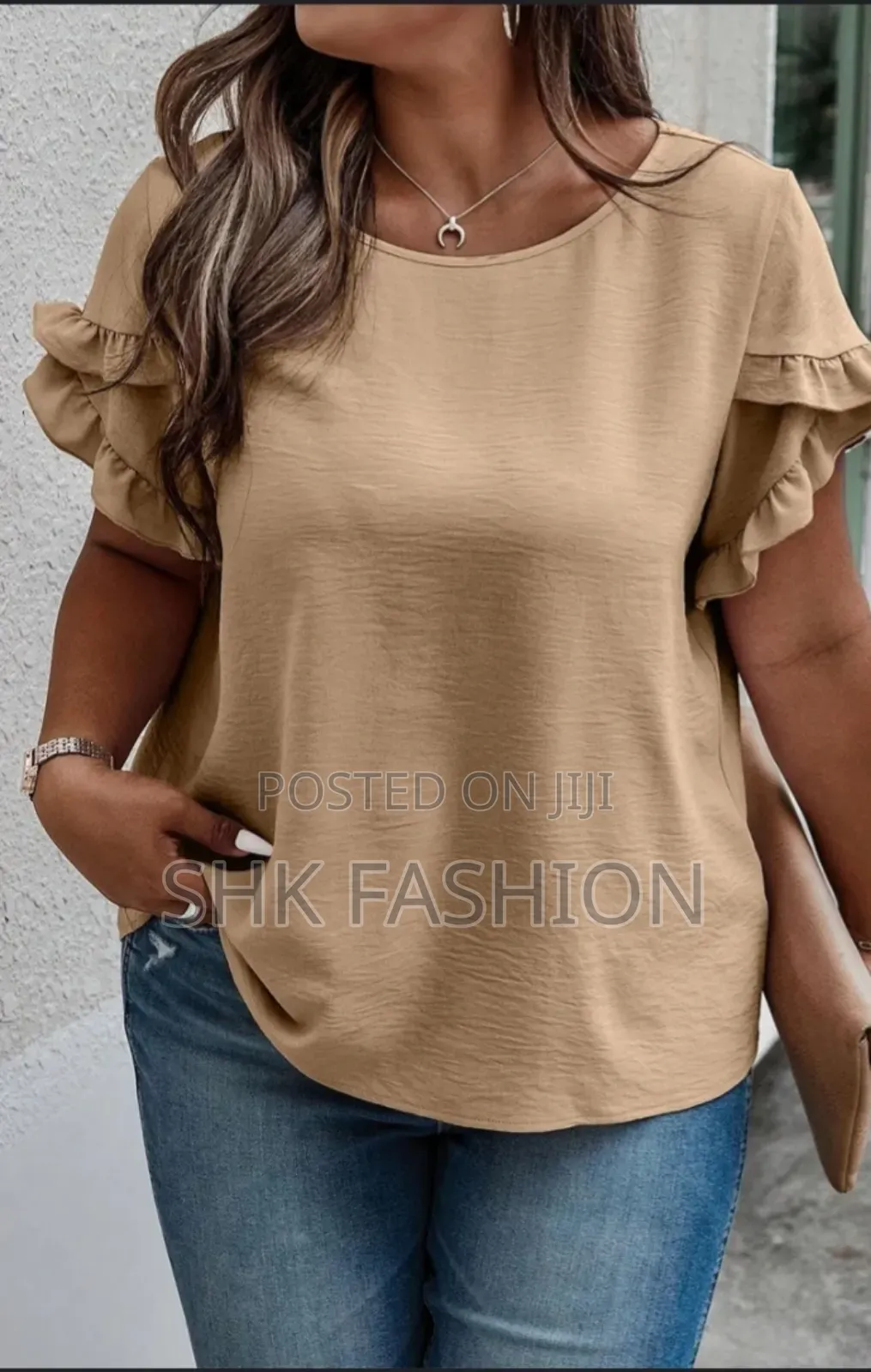 Plus Size Ruffle Trim Sleeves Round Neck Blouse
