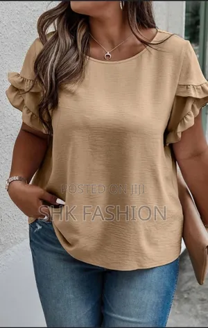 Plus Size Ruffle Trim Sleeves Round Neck Blouse