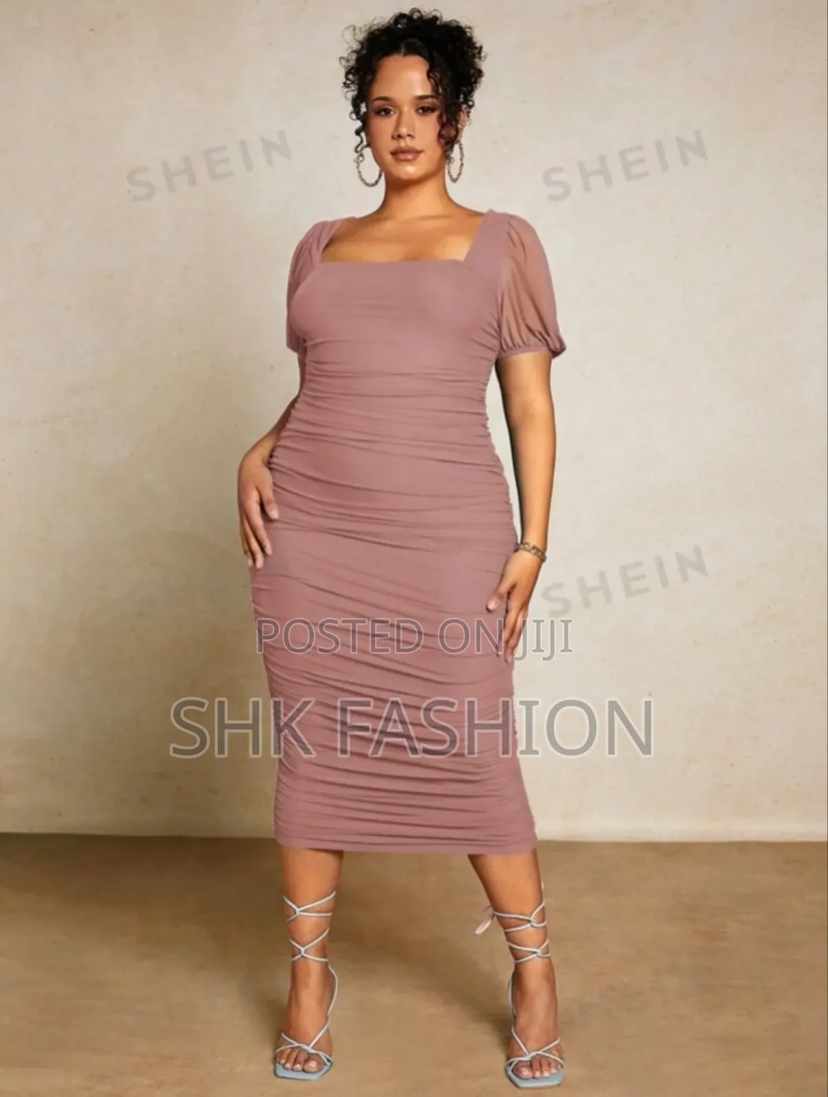 Solid Color Square Neck Pleated Dress