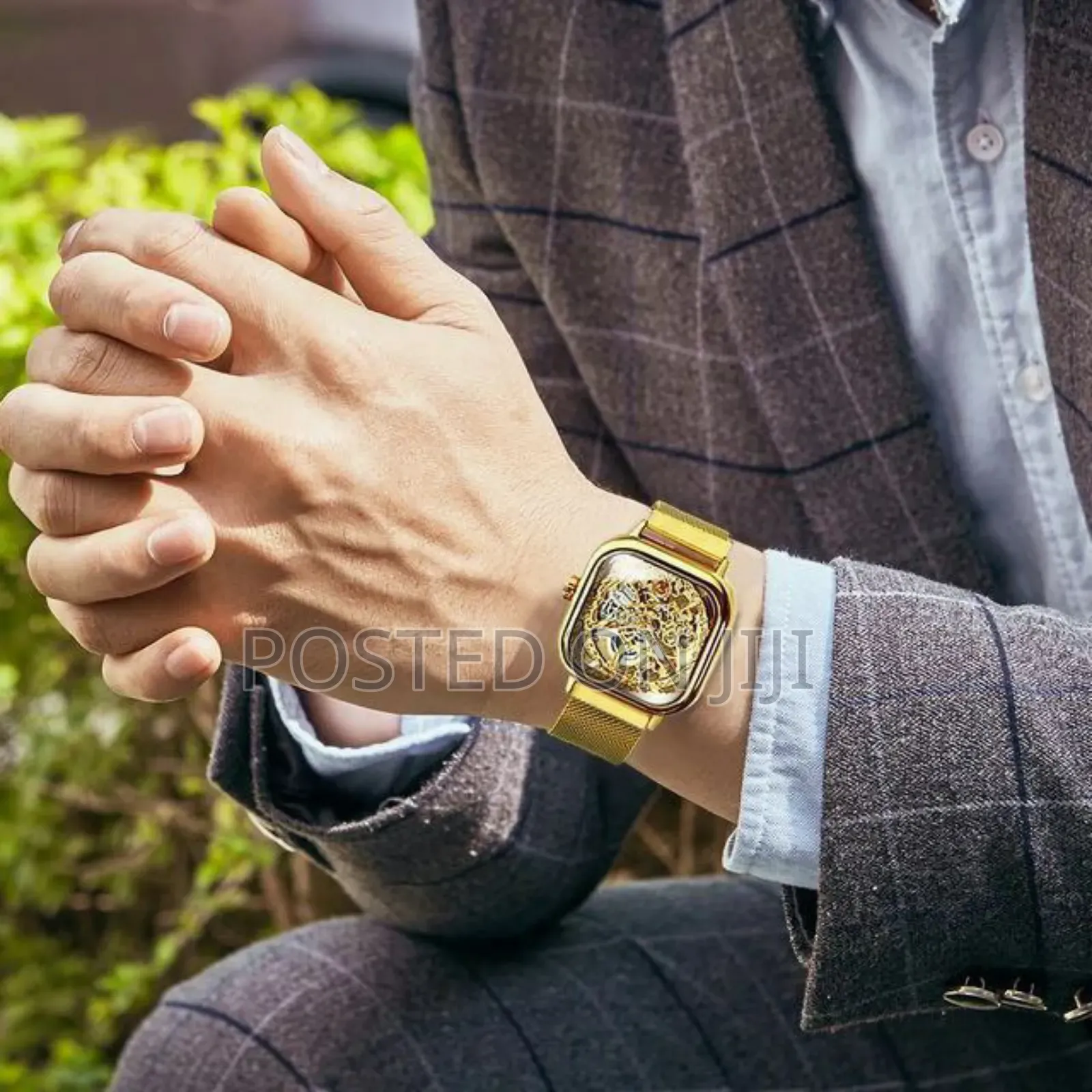 Forsining Golden Men Automatic Watch Square Skeleton Mesh