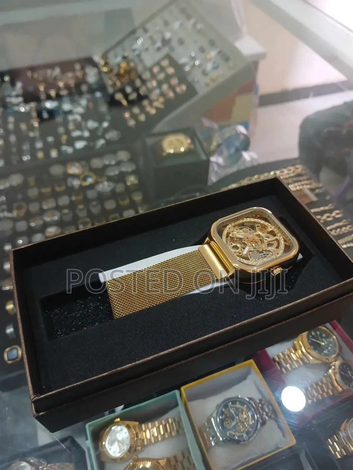Forsining Golden Men Automatic Watch Square Skeleton Mesh