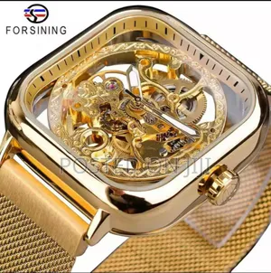 Photo - Forsining Golden Men Automatic Watch Square Skeleton Mesh