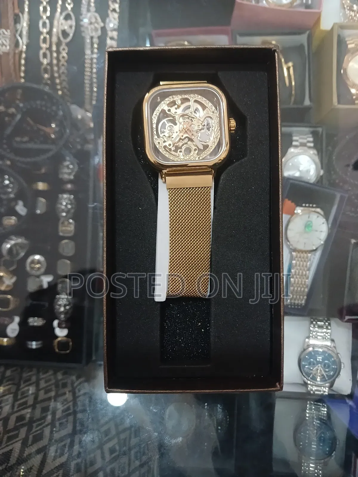 Forsining Golden Men Automatic Watch Square Skeleton Mesh