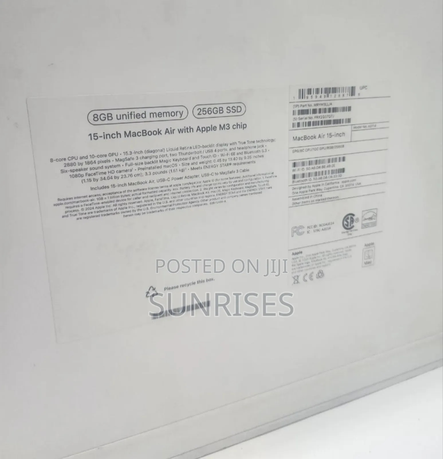 New Laptop Apple MacBook Air 2024 M3 15-Inch 8GB Apple M3 SSD 256GB