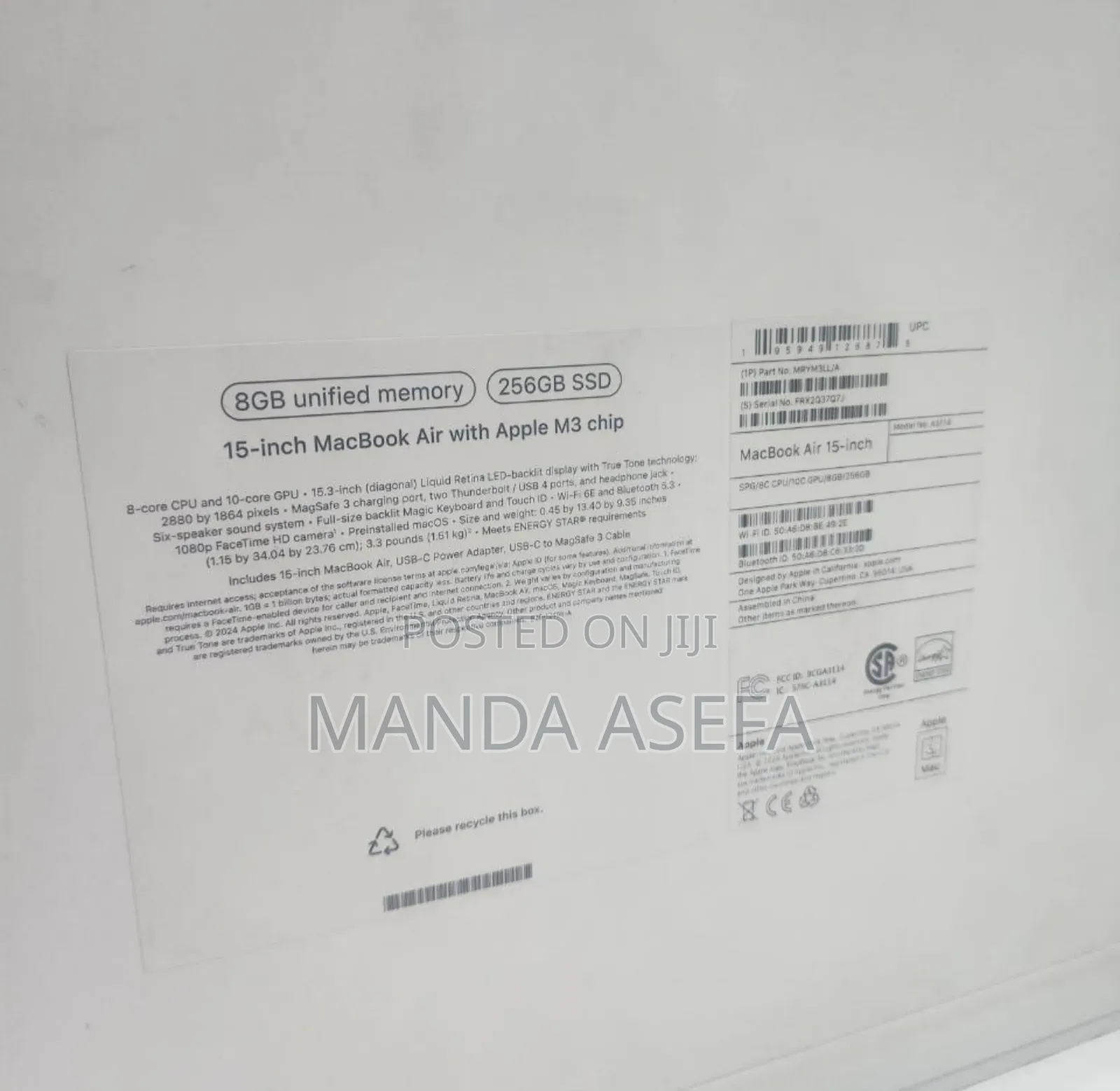 New Laptop Apple MacBook Air 8GB Apple M3 SSD 256GB