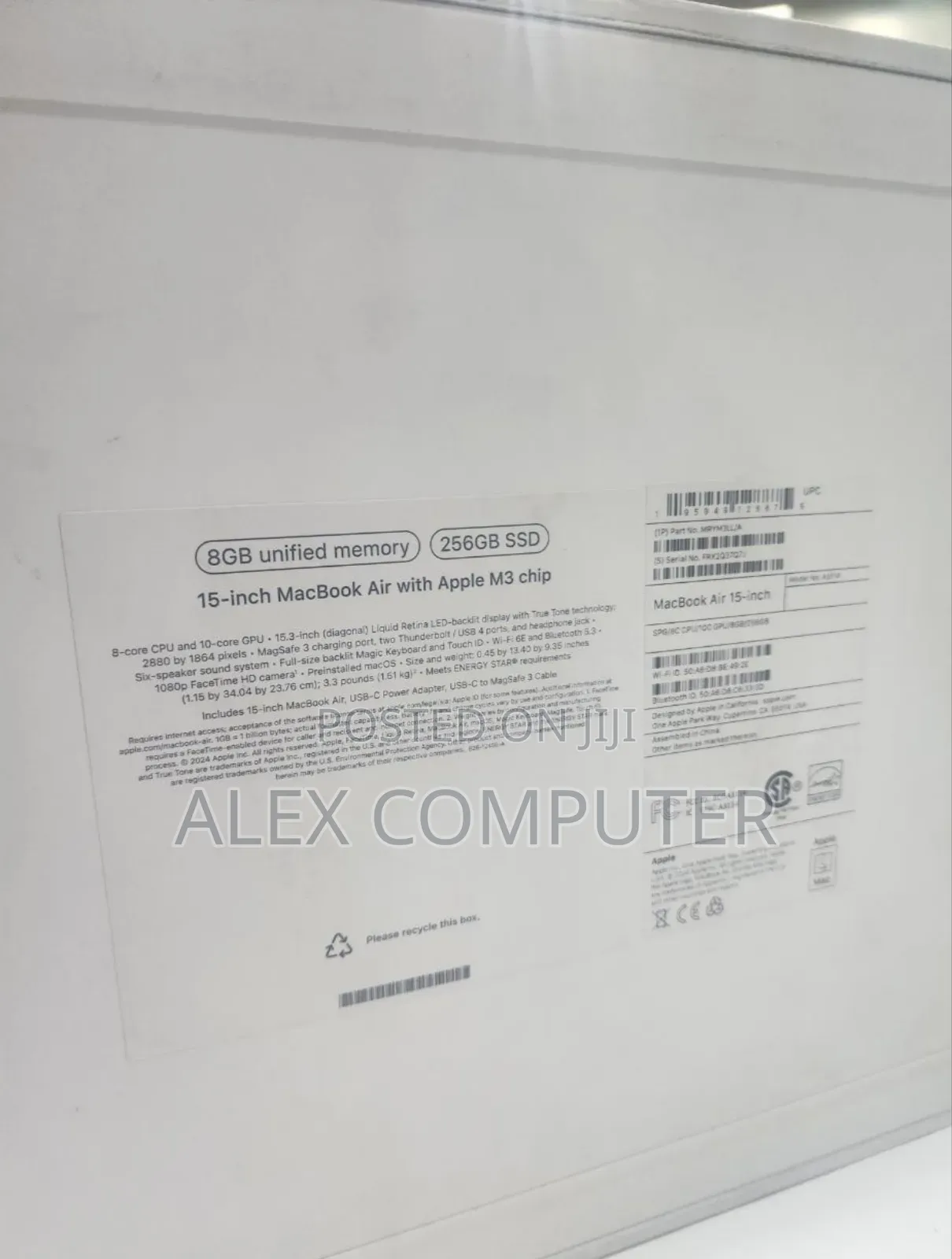 New Laptop Apple MacBook Air 2024 M3 15-Inch 8GB Apple M3 SSD 256GB