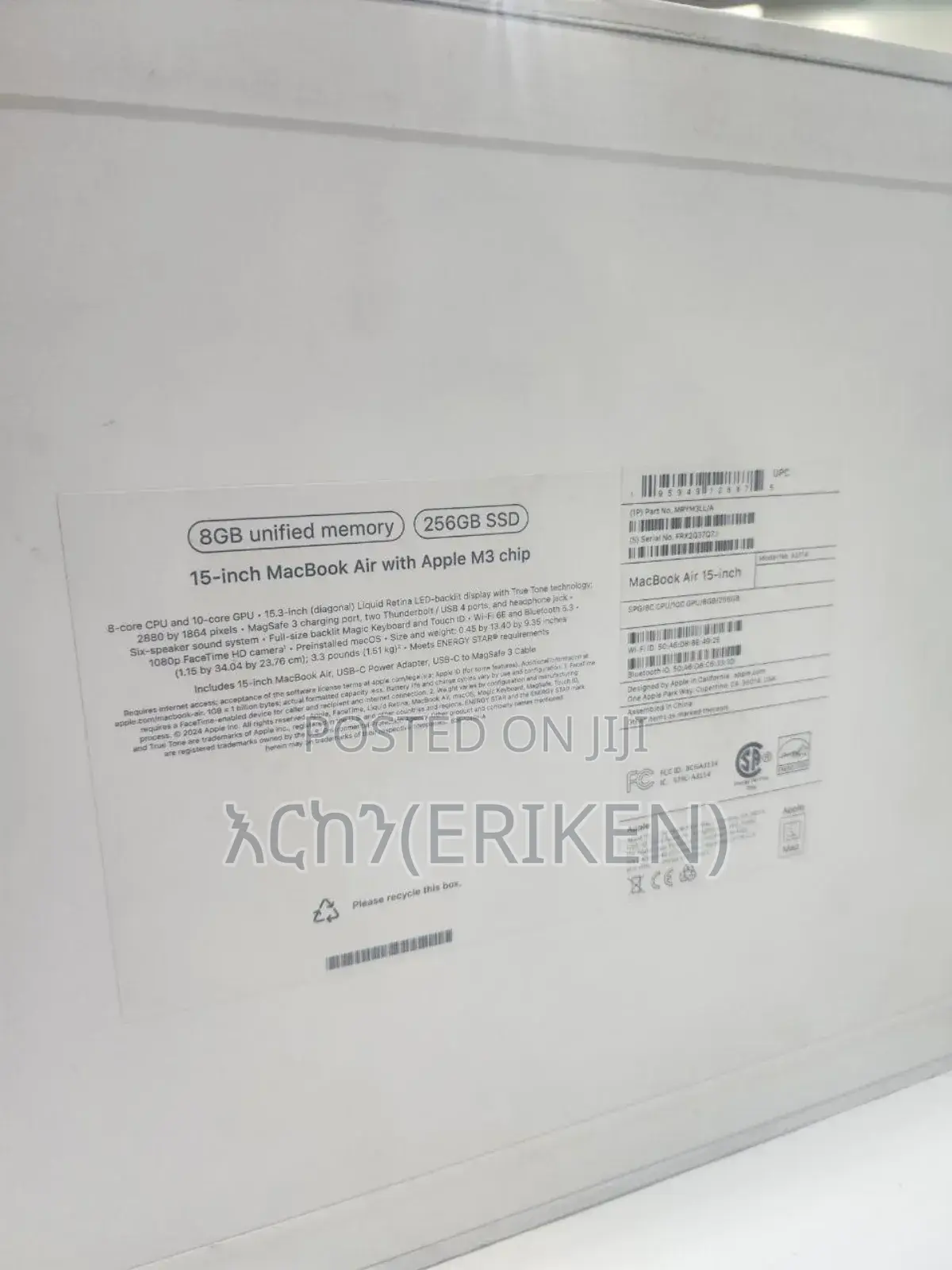 New Laptop Apple MacBook Air 2024 M3 15-Inch 8GB Apple M3 SSD 256GB