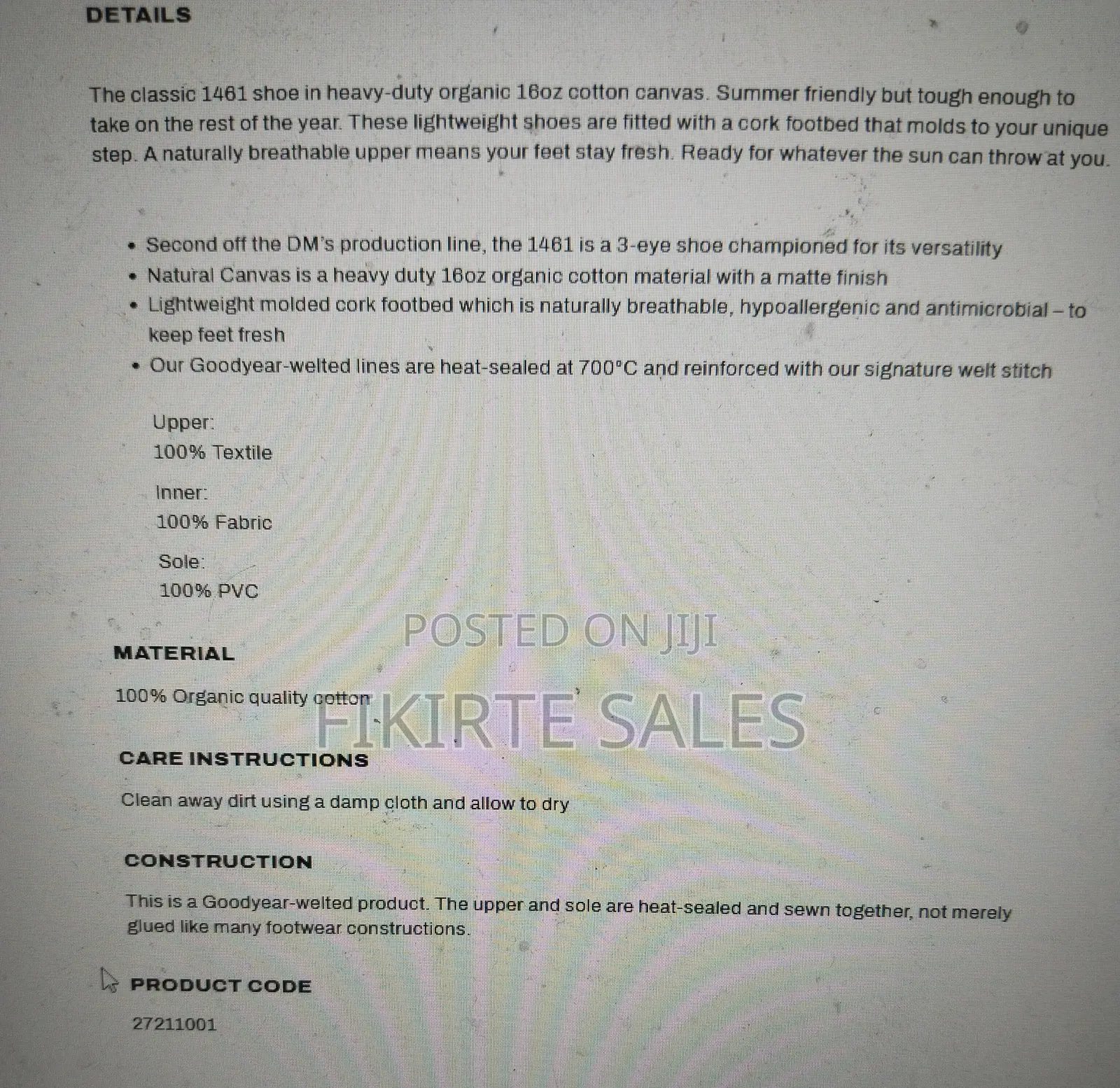 Dr Martens Shoes 1461 Style - Black Canvas - Uk10/Eu45/Us11