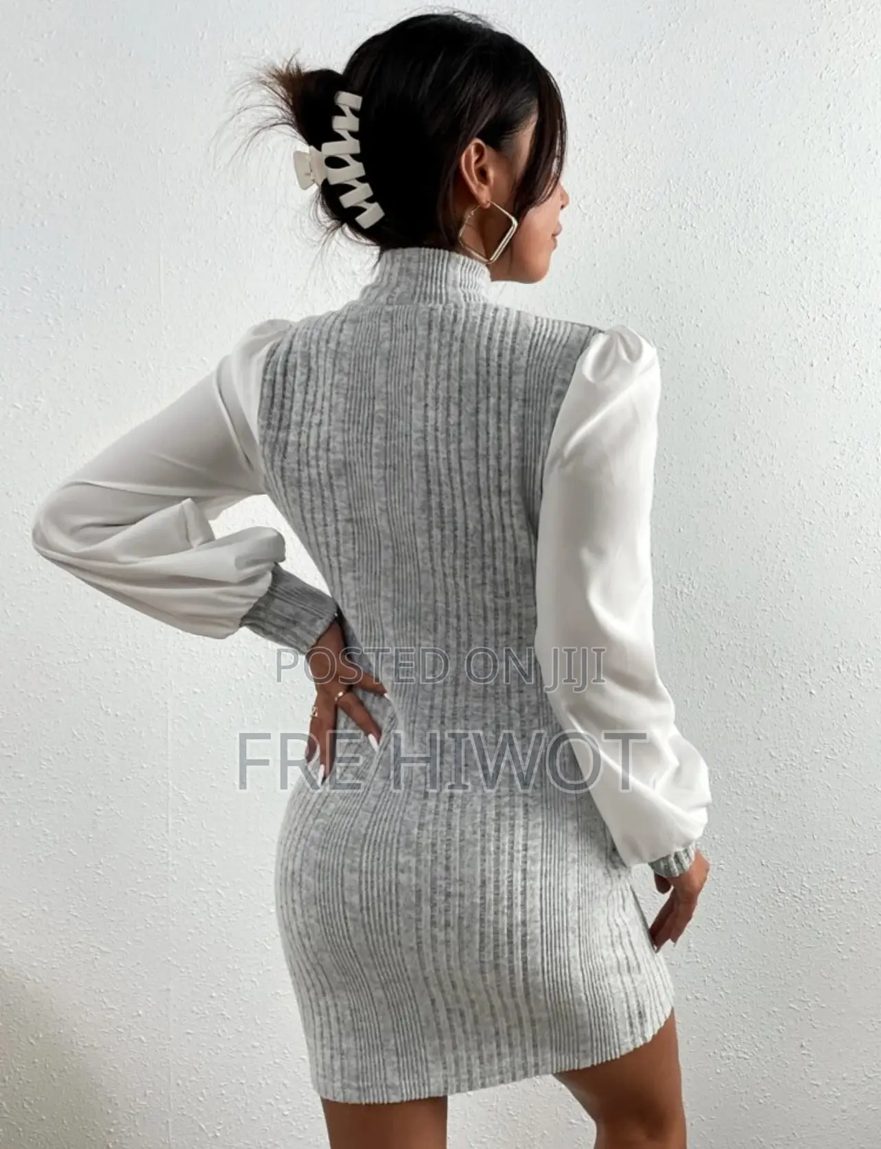 SHEIN Privé Bishop Sleeve Ribbed Stand Collar Dress