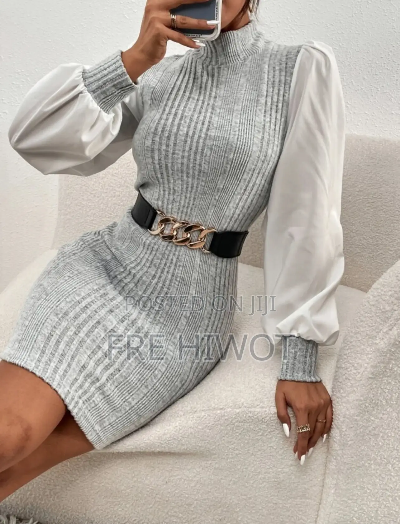 SHEIN Privé Bishop Sleeve Ribbed Stand Collar Dress