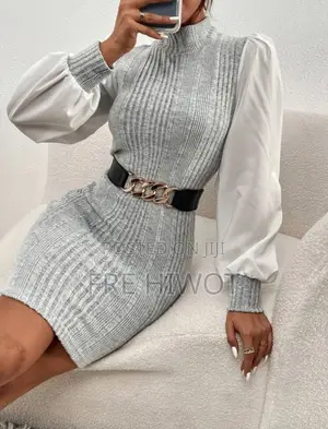 SHEIN Privé Bishop Sleeve Ribbed Stand Collar Dress