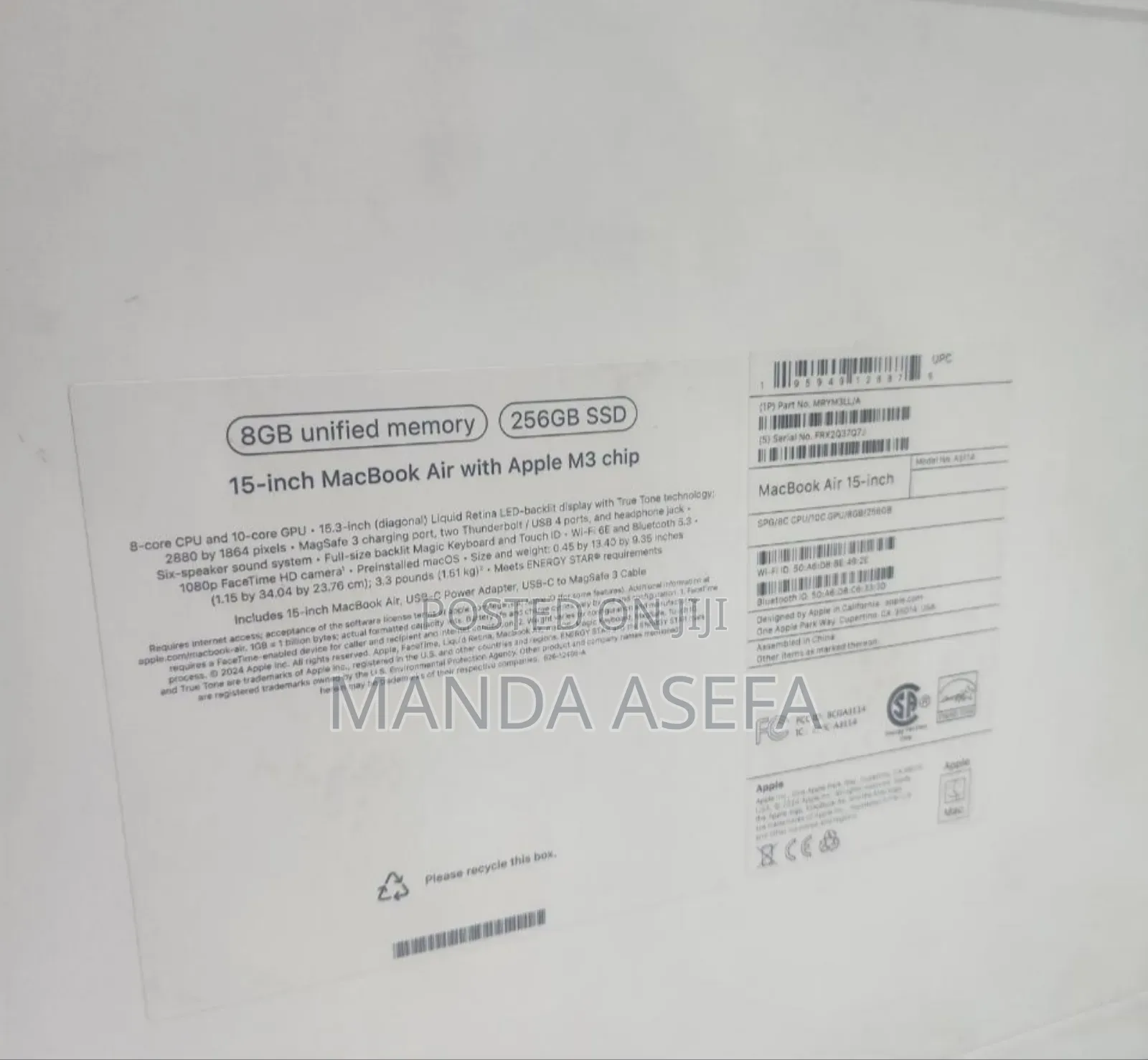 New Laptop Apple MacBook Air 8GB Apple M3 SSD 256GB