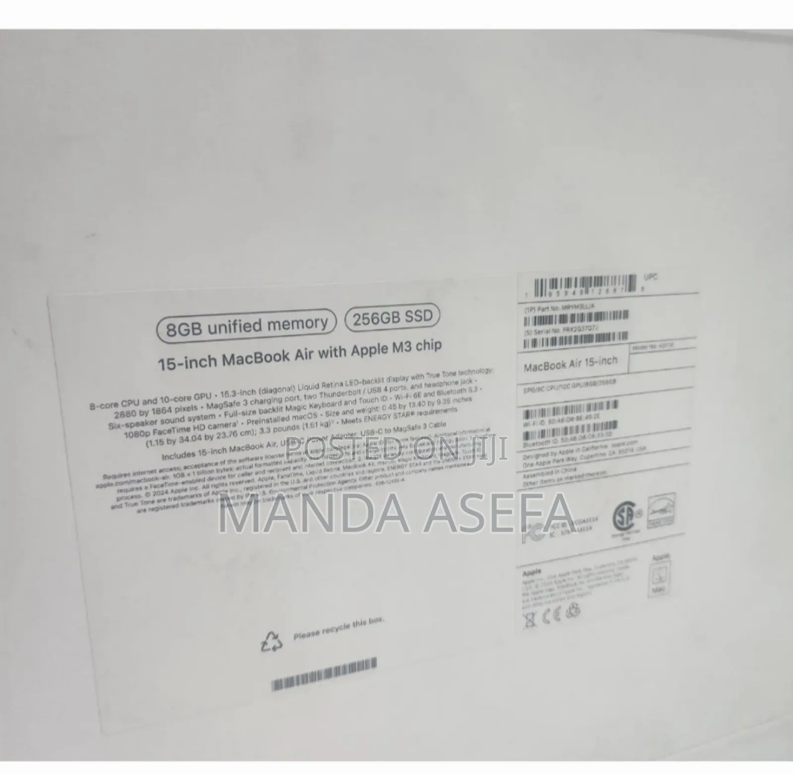 New Laptop Apple MacBook Air 8GB Apple M3 SSD 256GB