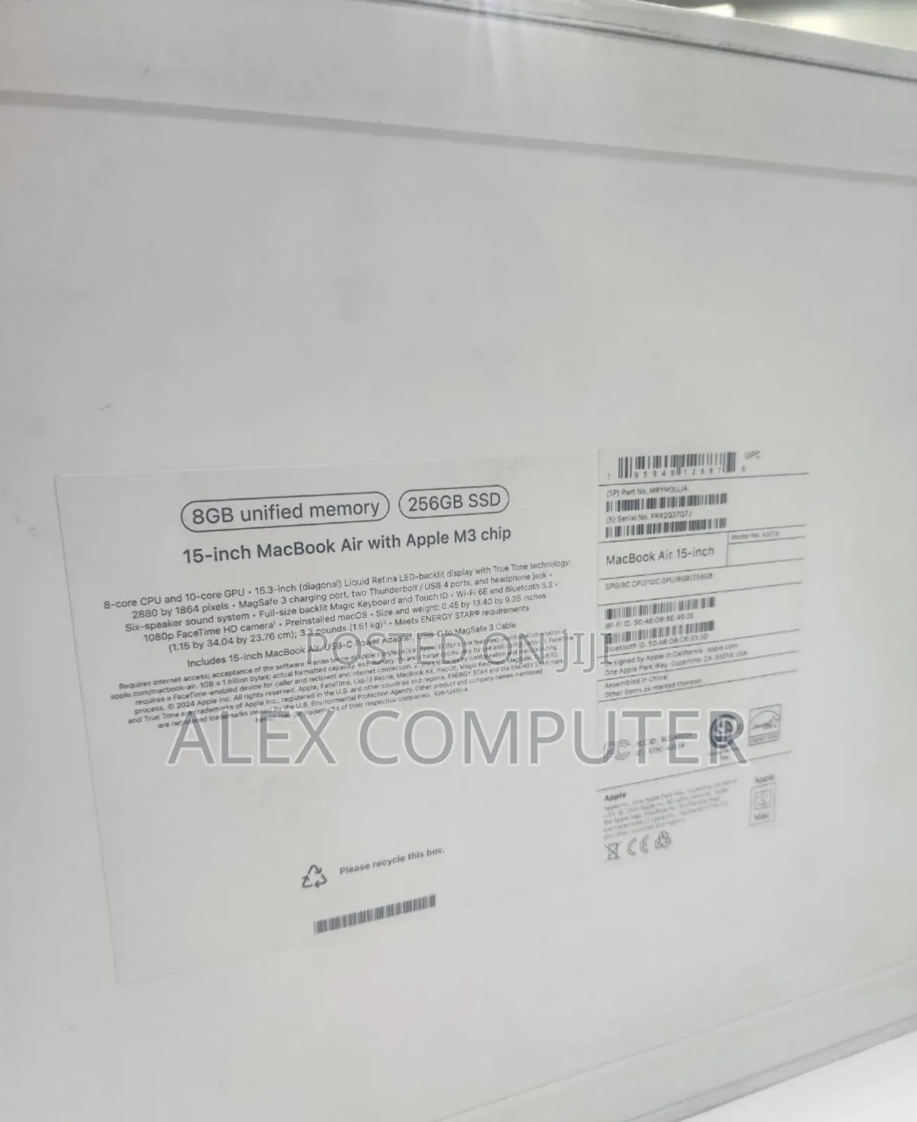 New Laptop Apple MacBook Air 2024 M3 15-Inch 8GB Apple M3 SSD 256GB